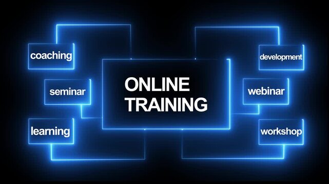 Online training concept with glowing digital network infographic and business keywords