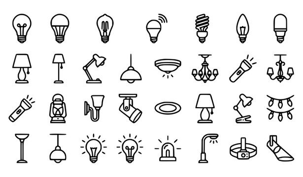 Minimal Outline Lamp and Light Bulb Icon Set with Idea Symbols Vector Illustration on White Background