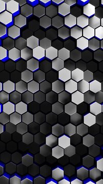 3d rendered honeycomb background of patterned hexagons. High contrast white and blue hex shapes moving in a loop. Random hexagonal patterns for futuristic, scientific, or technical backgrounds.