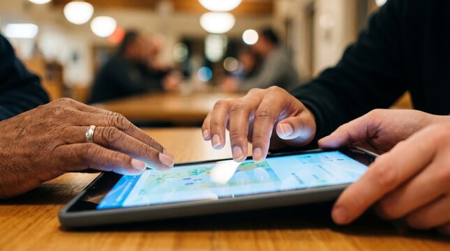 Group of diverse people hands pointing and interacting with a digital tablet screen for international day for universal access to information