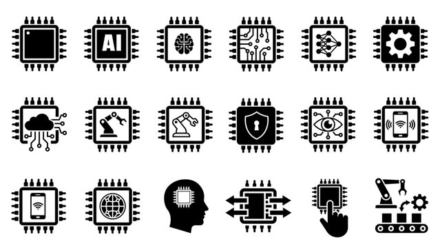 AI Processor Chip Icons with Robot Arm and Security Symbols