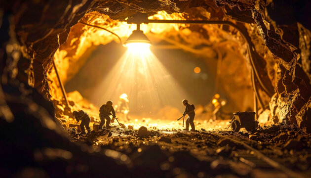 Miners working in illuminated tunnel searching for treasure underground