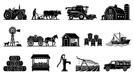 Obraz premium Agriculture Farm Icons Set Black White Silhouettes - Rural Life, Harvest Livestock Glyphs Collection