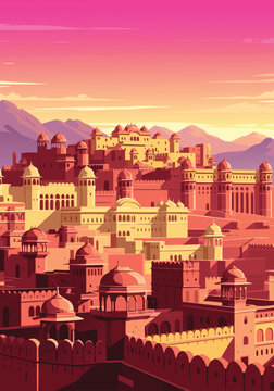 Historic Indian Palace Fort Sunset Landscape Design Illustration Vector