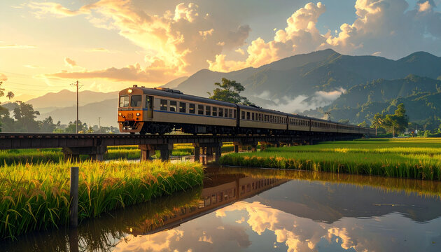 Passenger train crossing bridge over water with mountain landscape at sunset