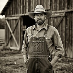 Fototapeta premium Mature bearded man wears straw hat, denim overalls standing near old wooden barn. Confident American farmer poses outdoors at rural homestead. Vintage portrait shows lifestyle of classic agricultural