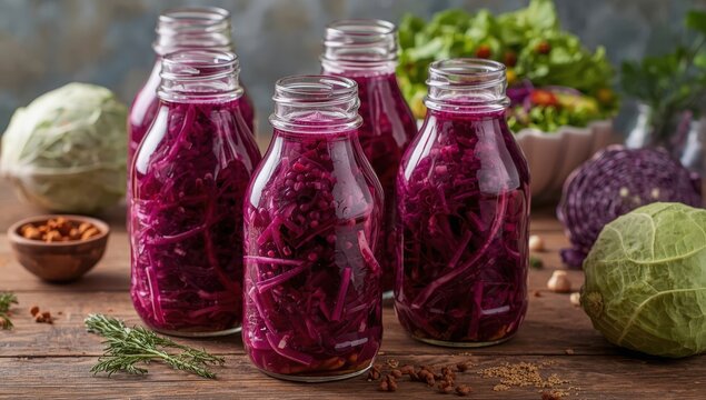 Jarred fermented purple cabbage. Probiotic dish.