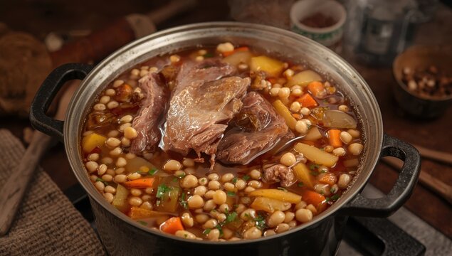 Cholent - classic Jewish stew made with beef, beans, chickpeas, barley, and root veggies cooked slowly.