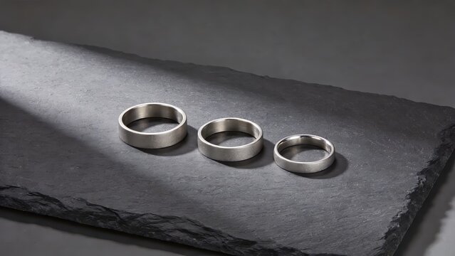 Matte Titanium Steel Plain Band Rings Set on Stone Surface
