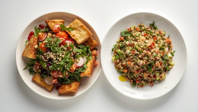 Lebanese tabbouleh and fattoush salad displayed on white background.