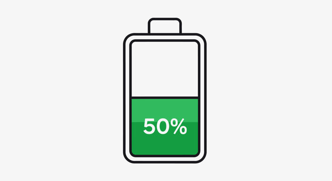 Illustration of a battery icon half-filled with green color indicating 50 percent charge, on a plain white background.