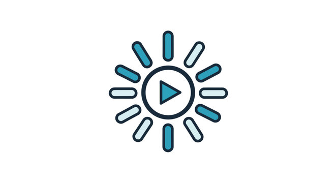 Outlined play button icon in the center of radiating blue and black lines, resembling a loading or buffering symbol on a white background.