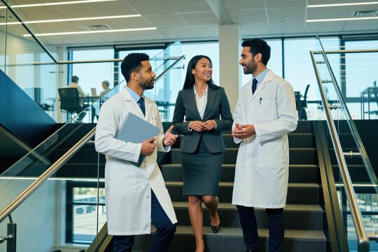 Two scientists in lab coats talk with business woman on office stairs. They discuss research data, business strategy, medical advances. Professionals collaborate on innovation projects, future plans.