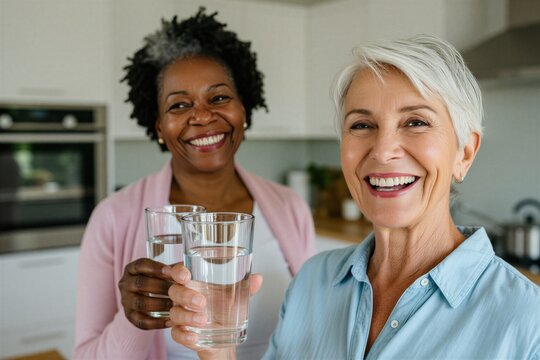 Two happy senior women friends stand in home kitchen holding clear glasses with water. Smiling mature female pals enjoy healthy lifestyle routine together. Multi ethnic duo of retired ladies drink
