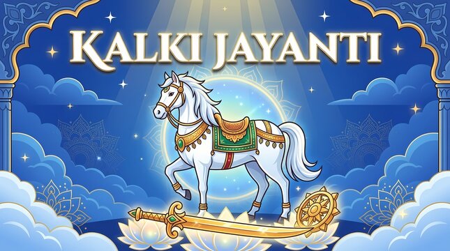 Kalki jayanti celebration banner with a majestic white horse and golden sword in a blue sky