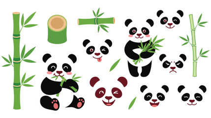 Set of cute panda bear characters with bamboo stalks isolated vector art. © MDTAZBIRHOSSAIN