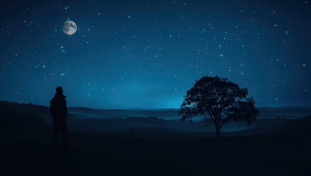Outline of a person and rural landscape beneath the stars and moon.