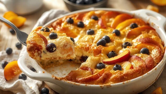 Peach and blueberry cottage cheese bake. Nutritious morning meal or treat.