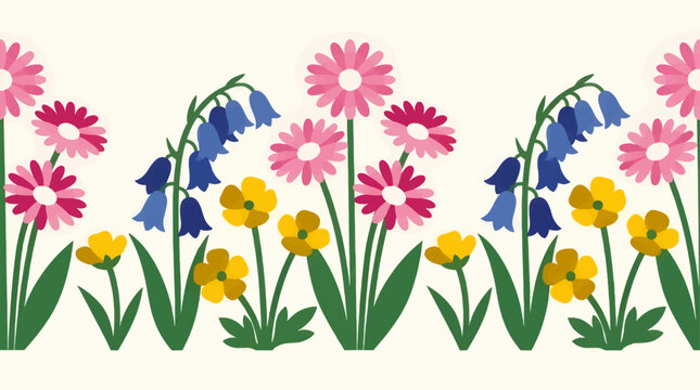 Vector Spring Border with Pink Daisies, Bluebells, and Yellow Buttercups on Cream Background, Flat Illustration Style, Seamless Pattern Element