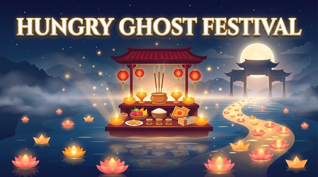 Hungry ghost festival celebration with traditional altar offerings and floating lanterns at night