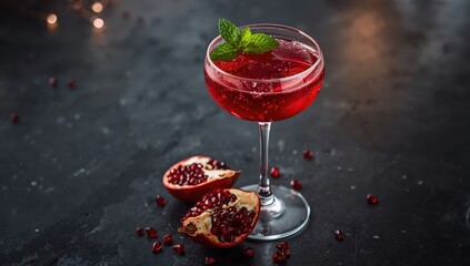 Fototapeta premium Pomegranate drink with mint on a dark stone surface.