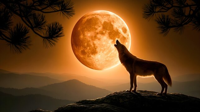 Wolf Howling on Ridge Under Orange Moon