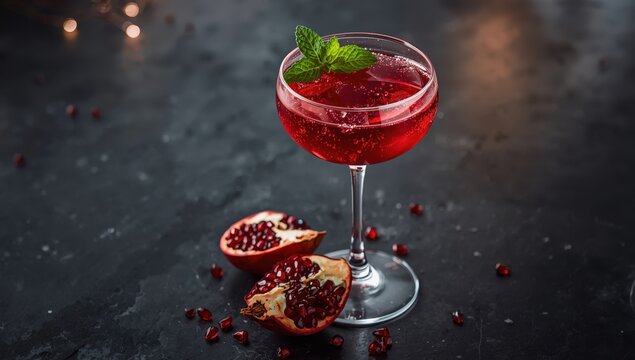 Pomegranate drink with mint on a dark stone surface.