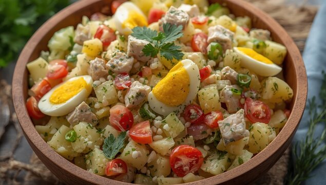 Potato salad with chopped veggies, eggs, and canned cod liver.