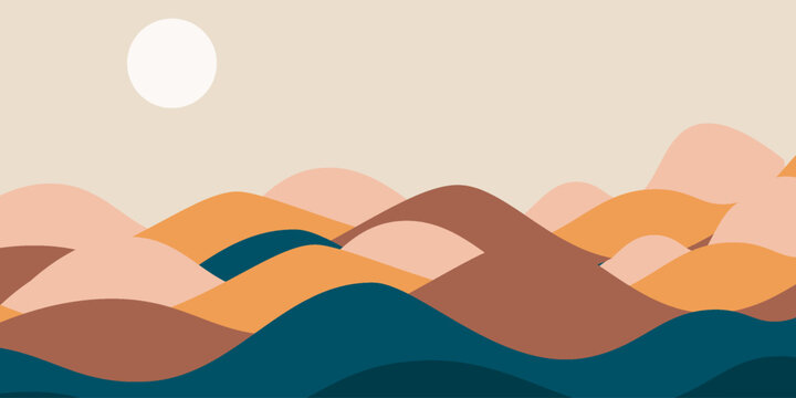 Abstract landscape poster. Nature wall decor contemporary art print, mid century mountain background. Vector