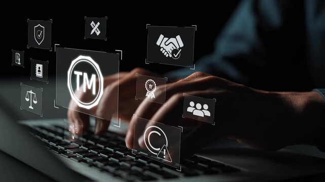 Trademark protection and legal compliance with TM icon, copyright law, patent check, intellectual property rights, and branding regulation enforcement Marrow