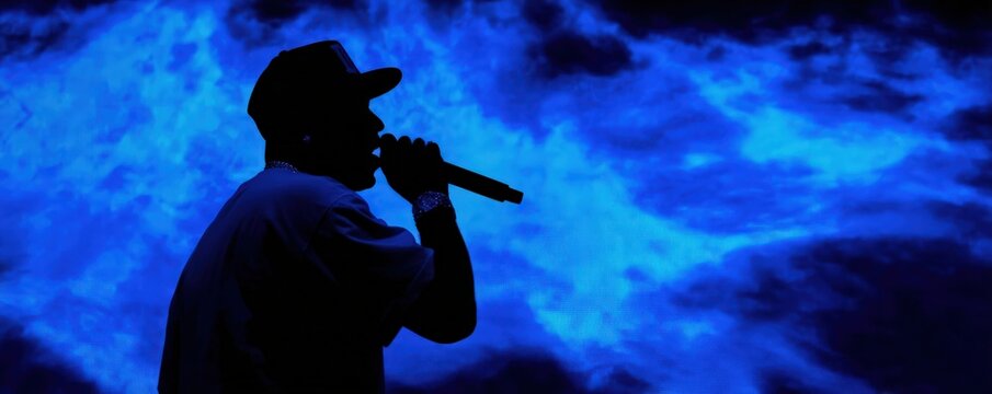 A silhouette of a performer holding a microphone against a vibrant blue smoky background during a live event or concert.