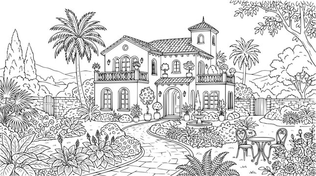 Mediterranean Villa Garden Coloring Page for Adults and Kids