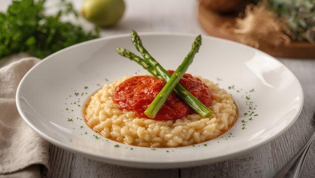 Risotto with asparagus and tomato sauce for spring.