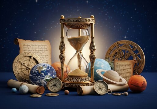 Cosmic Journey: Ornate hourglass, celestial globes, and antique instruments under a starry expanse.