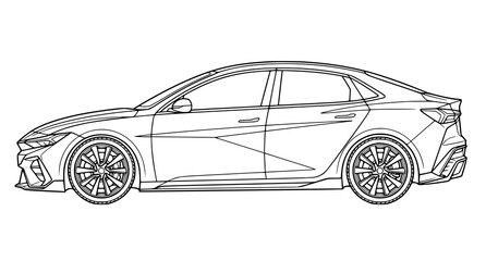 Naklejka premium Modern performance sedan side profile line art vector illustration