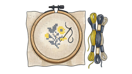 Embroidery hoop with floral cross-stitch and thread spools © Andri