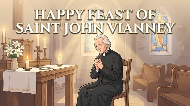 Happy feast of saint john vianney illustration with a priest praying in a church