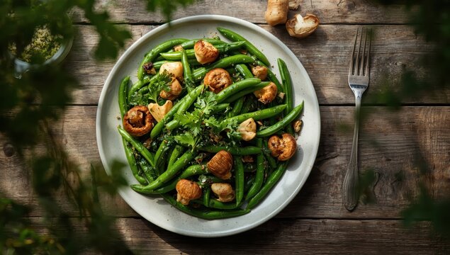 Salad of broad beans topped with saut&eacute;ed chanterelles, garlic, and parsley on a wooden surface.