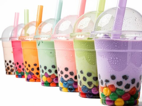 Colorful bubble tea drinks with wide straws, tapioca pearls, and candy toppings lined up in clear plastic cups with dome lids.