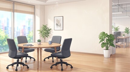 Fototapeta premium 丸いミーティングテーブルと4脚の椅子を描いた背景イラストです。 広い余白があり、打ち合わせや相談シーンの広告に最適です。