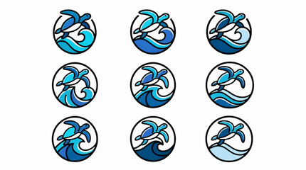 Set of 9 Flat Design Sea Turtle Icons with Waves in Circles, Marine Life and Ocean Concept Graphics, Blue and Teal Color Palette © moh
