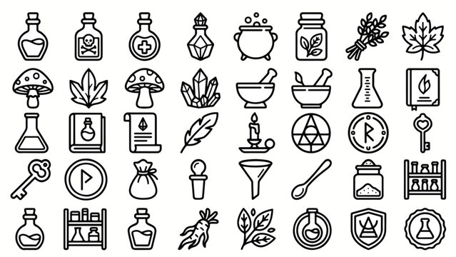 Magic Potion Pack: 32 Elegant Fantasy Laboratory Outline Icons Grid Sheet for Commercial Alchemy Design