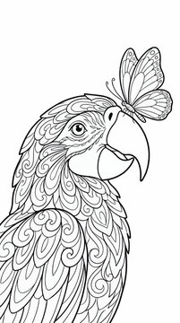 Ornate Decorative Parrot Portrait with Butterfly on Beak, Black and White Line Art Illustration, Intricate Swirl Patterns, Coloring Page Design