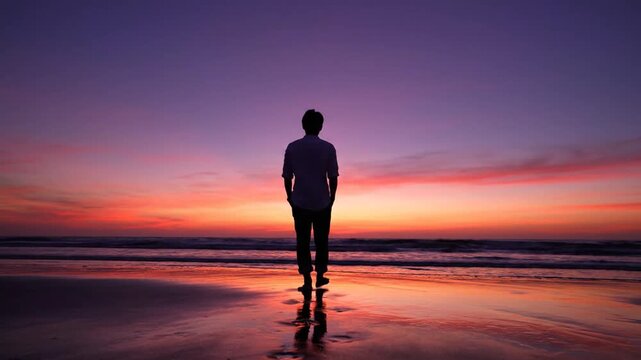 Silhouette of a lone man standing on a beach reflecting in the water during a vibrant ocean sunset