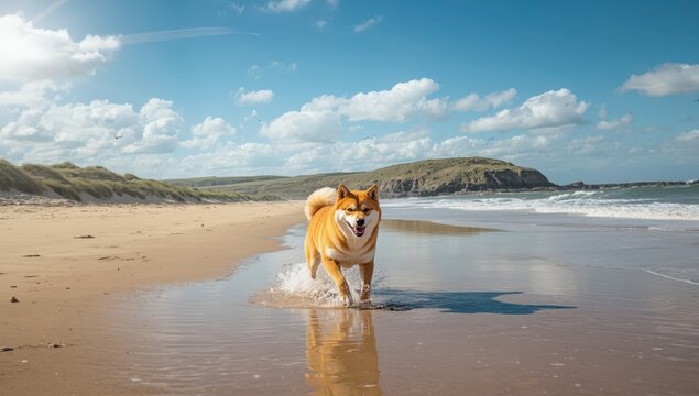 Shiba Inu on a beach by the North Sea