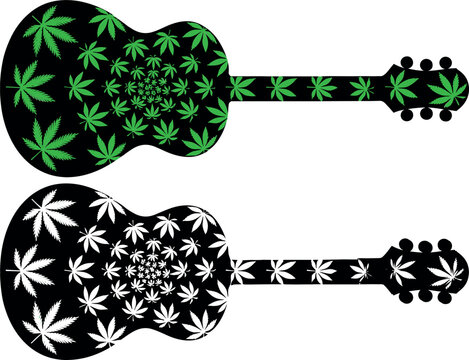 Acoustic Guitar Silhouette Vector Design Featuring Cannabis Leaf Patterns, Green and White Marijuana Foliage Texture, and Reggae Music Culture Concept Elements Isolated on White