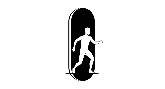 Silhouette of person entering or exiting oval portal.