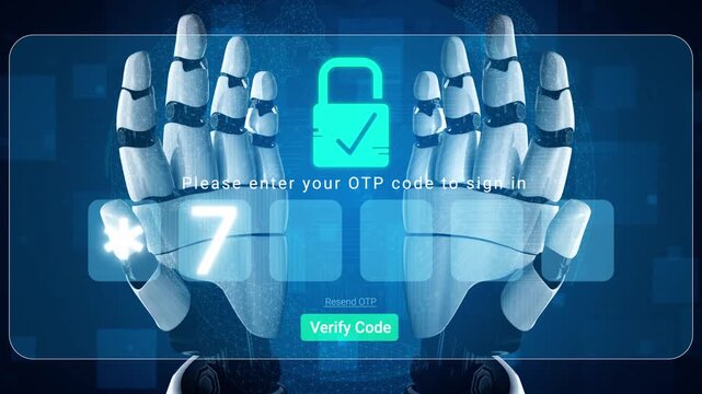 Futuristic Robotic Hands Displaying OTP Verification Process for Secure Digital Sign-In with Cyber Lock Icon and Numeric Input Interface Sigmoid