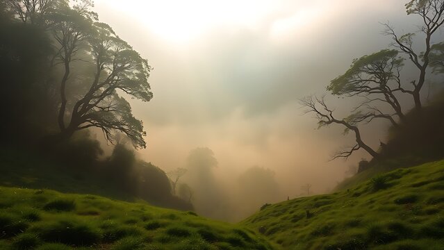 Morning mist over deep valley, sunlight filtering through canopy.