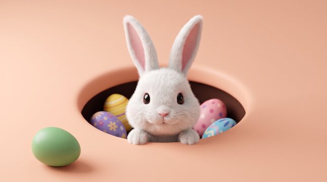 Adorable white Easter bunny peeking from hole, cute fluffy rabbit with colorful painted eggs, festive spring holiday greeting background